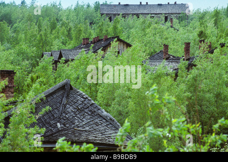 View of the deserted Stalin era gulag buildings of the Salekhard Igarka Railway overgrown by trees in northern Siberia. Stock Photo