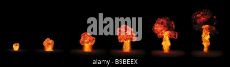 series of sequential exploding mushroom cloud fireballs on a black background Stock Photo
