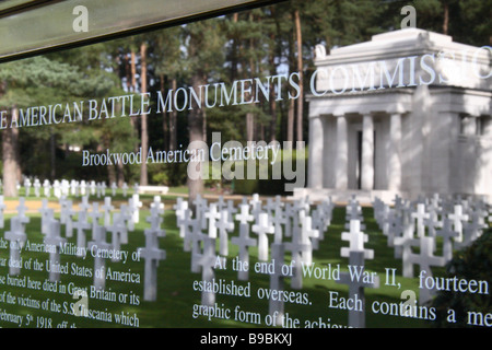 The American Chapel reflected in a sign in the American section of the Brookwood Military Cemetery, Woking.  ISO 1600 Stock Photo