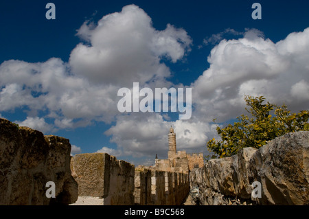 View across upper sentry path of the Ottoman walls toward Tower of David or Jerusalem Citadel at the western edge of the old city in Jerusalem Israel Stock Photo