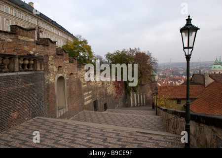 Autumn stairway slope of Zamecky schody street from Prague castle to Mala Strana. Stock Photo