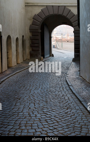 Black tower Prague castle entrance gate stree view. Stock Photo