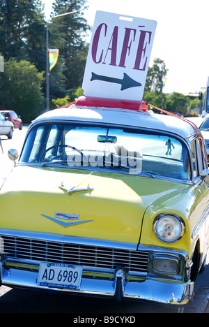 Cafe sign on '60's American Chevrolet, South Terrace, Darfield, Selwyn District, Canterbury Region, South Island, New Zealand Stock Photo