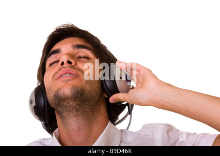 young men feeling the music isolated on white Stock Photo