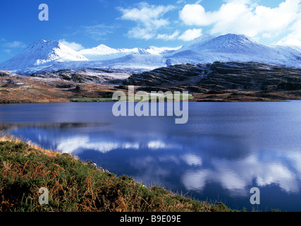 irelands highest mountain covered in winter snow reflected in a fresh water lake, beauty in nature, Stock Photo