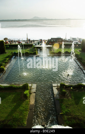 Fountains in a garden, Nishat Garden, Dal Lake, Srinagar, Jammu And Kashmir, India Stock Photo