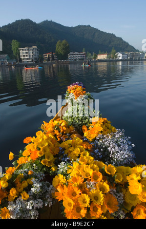 Flowers in a boat for selling, Dal Lake, Srinagar, Jammu And Kashmir, India Stock Photo