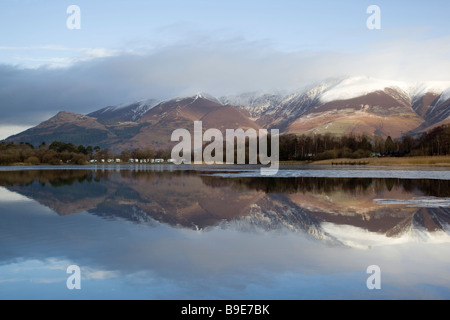 Winter reflections of snow capped Skiddaw in the still waters of Derwentwater near Keswick Cumbria Stock Photo