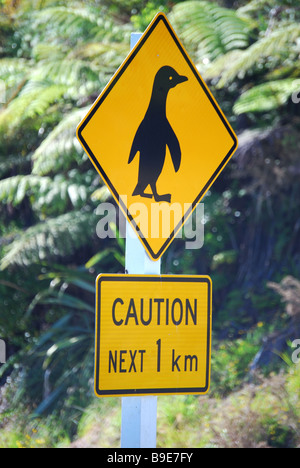 Penguin road sign, Paparoa National Park, West Coast, South Island, New Zealand Stock Photo