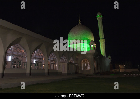 Mosque lit up at night, Hazratbal Mosque, Dal Lake, Srinagar, Jammu And Kashmir, India Stock Photo