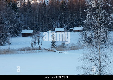 Farm-houses in winter. Rural landscape in the UNESCO World Heritage area Hoega Kusten / High Coast in Sweden Stock Photo