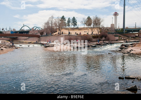 Denver Confluence Park - Confluence of Platte River and Cherry Creek showing people enjoying the Park Stock Photo