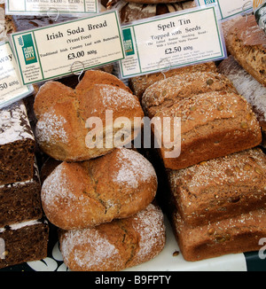 Fresh bread on sale on a farmers market stall in Royal Tunbridge Wells Kent England UK Stock Photo