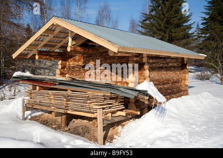 Log cabin made of barked spruce logs under construction , Finland Stock Photo