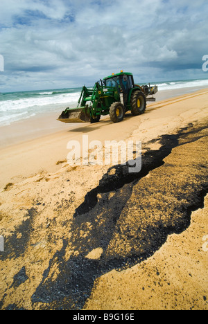 oil pollution on beach oil sludge Pacific Adventurer disaster Queensland 2009  Wednesday, 11 March , 2009 Stock Photo