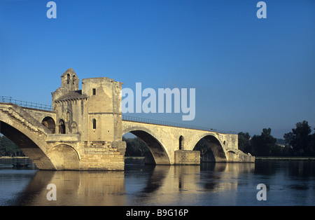 The Pont d'Avignon or Pont Saint-Bénézet, Medieval Bridge (1171-85) Reflected in River Rhône, Avignon, Provence, France Stock Photo