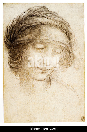 study of the head of St. Anne by Leonardo da Vinci 1501-1510 black chalk Stock Photo