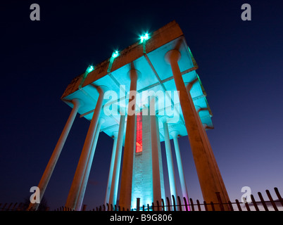 The Cranhill water storage tower in Glasgow lit up at night. Stock Photo