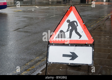 Road works construction sign in Manchester city centre UK Stock Photo