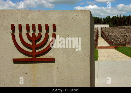 Jewish menorah on entrance to Belzec extermination camp memorial site first of the Nazi German extermination camps Stock Photo