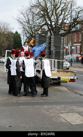 Young Jewish orthodox men celebrating the festival of Purim in Stamford Hill London Stock Photo