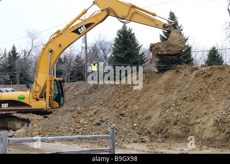 Earthen dike construction on the Red River in Fargo Stock Photo