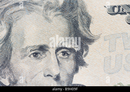 Close-up of Andrew Jackson's eyes on American twenty dollar bill Stock Photo