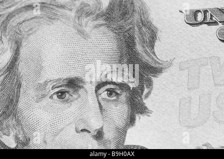 Close-up of Andrew Jackson's eyes on American twenty dollar bill in black & white (de-saturated) Stock Photo