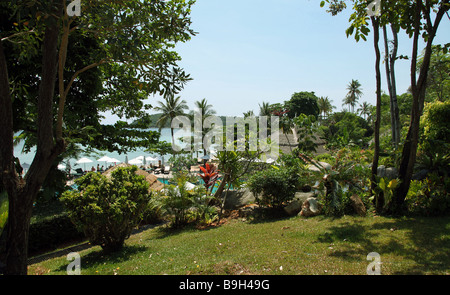 view of green holiday residence near the sea and the beach with a swimming pool dark green towels tidied-up in the wood shelf Stock Photo