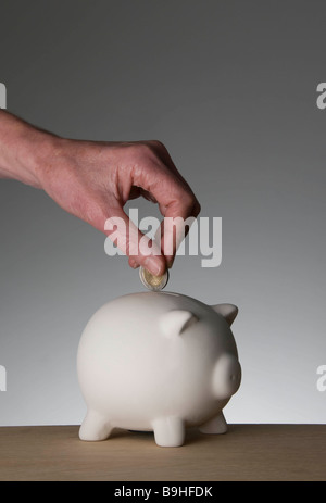 Female hand placing coin in piggy bank Stock Photo