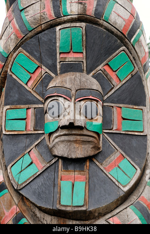 Totem pole of the Cowichan Tribe, detailed view, Duncan, Vancouver Island, British Columbia, Canada, North America Stock Photo