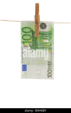 Euro bill on a clothesline, picture symbolizing money laundering Stock Photo