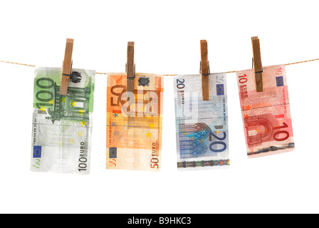 Euro bills on a clothesline, picture symbolizing money laundering Stock Photo