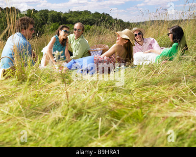 Group of friends having a picnic in a park outdoor. Happy young people ...