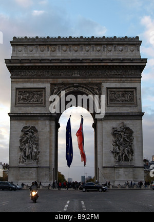 European and French flag under the Arc de Triomphe, Paris, France, Europe Stock Photo