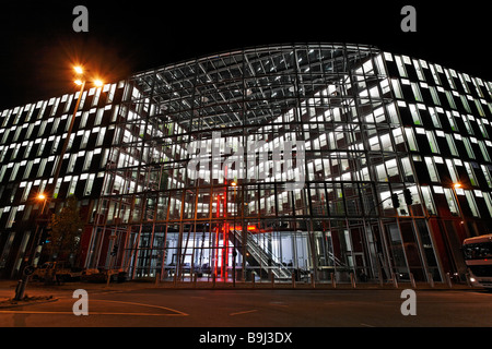 Capricorn, modern office block, low-energy technique, glass facade, night shot, Medienhafen harbour, Duesseldorf, Rhineland, No Stock Photo