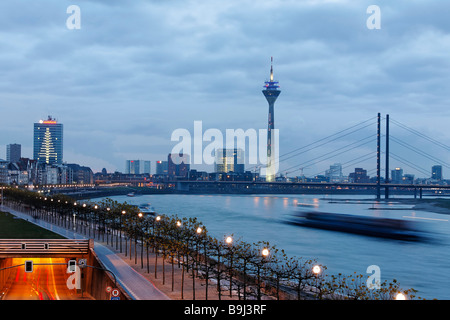 Cityscape of Duesseldorf, view of Rhine promenade, dusk, North Rhine-Westphalia, Germany, Europe Stock Photo