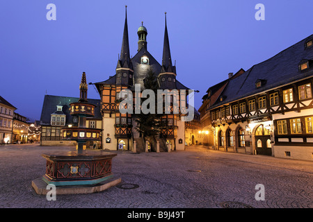 Wernigerode market square, historic Town Hall, night photograph, Harz, Saxony-Anhalt, Germany, Europe Stock Photo