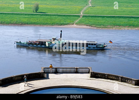 Paddle steamer on the Elbe river, view from the castle terrace, Schloss Albrechtsberg castle, Dresden, Saxony, Germany, Europe Stock Photo