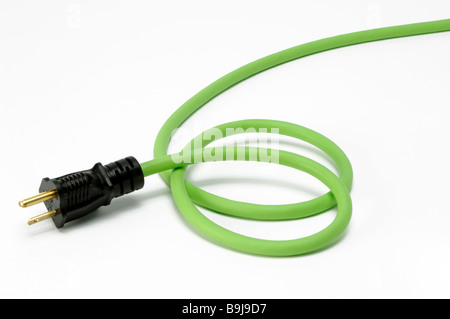 The end plug section of a green electrical extension power cord with one plug Stock Photo