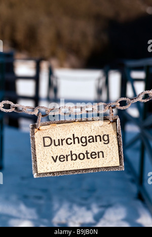 Jetty with sign, no passage, at a frozen lake, Lake Heiterwanger, Heiterwang, Tyrol, Austria, Europe Stock Photo
