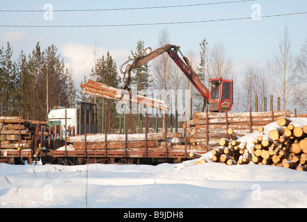 Log truck driver loading logs to cargo log train cars , using truck crane , at railroad depot at Winter . Finland Stock Photo