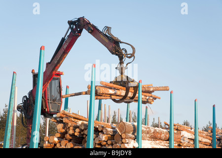 Log truck driver using truck crane and loading logs to cargo log train cars at railroad depot at Winter . Finland Stock Photo