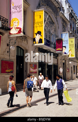 Theatre, advertising signs on the facade, people in front of the Teatro Politeama in the Rua dos Portas de Sao Antao, Restaurad Stock Photo