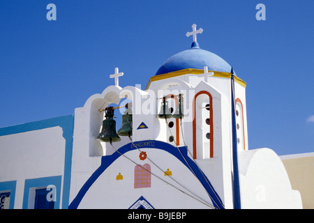 Coloured church in village of Manolas, Santorini, Thera or Thira, Island of Thirasia, Therasia, Cyclades, the Aegean, Mediterra Stock Photo