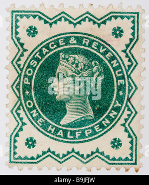 Close up of ½d, one half penny green Victorian British Postal stamp on white background issued between 1887-1900, part of the 'Jubilee Issue'. Unused. Stock Photo