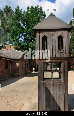 Old Sentry Box & Kitchen at Auschwitz I Old sentry box on Appellplatz prisoners assembled for roll call Stock Photo