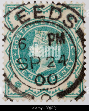 Close up of ½d, one half penny green Victorian British Postal stamp on black background. issued 1887-1900, Jubilee Issue. Used. Postmark Leeds 1900. Stock Photo