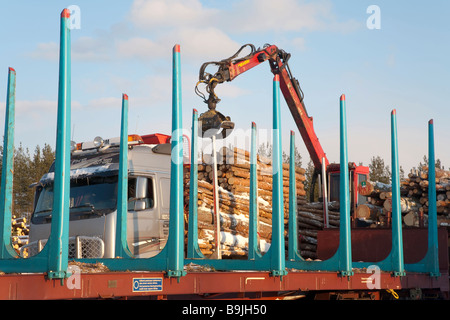 Log truck driver using truck crane and loading logs to cargo log train cars at railroad depot at Winter . Finland Stock Photo