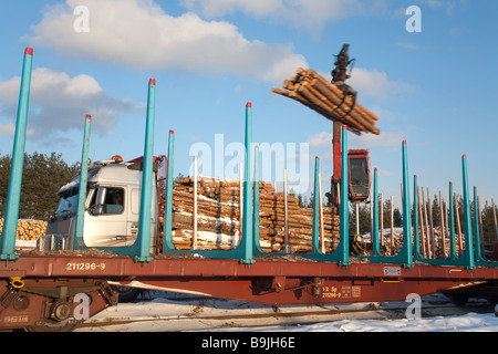 Log truck driver using truck crane and loading logs to cargo log train cars at railroad depot at Winter . Finland Stock Photo